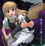  1girl blonde_hair braid electric_guitar female guitar hair_ribbon instrument kirisame_marisa long_hair ribbon solo stratocaster touhou translated tress_ribbon tsuyadashi_shuuji yellow_eyes 