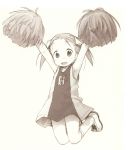  1girl barasui brown cheerleader child fang highres ichigo_mashimaro jumping matsuoka_miu monochrome pom_poms ribbon sepia solo twintails 