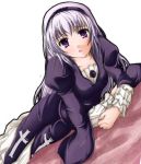  00s 1girl :o black_dress collarbone dress dutch_angle flower frilled_sleeves frills grey_background hairband lolita_hairband long_sleeves looking_at_viewer lying on_stomach parted_lips pink_eyes rose rozen_maiden silver_hair simple_background solo suigintou 