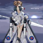  1girl aircraft airplane aliasing back electricity english_electric_lightning from_behind jet looking_back mecha_musume military original outdoors polearm solo spear weapon yone88 yonezuka_ryou 