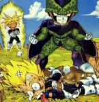  3boys armor aura bandage blonde_hair boots cell_(dragon_ball) celulitis_(dragon_fall) chibi closed_mouth clouds day defeated dragon_ball dragon_fall dragonball_z dragonfall eyebrows gloves lowres lying male_focus multiple_boys on_stomach open_mouth outdoors parody perfect_cell sky spiky_hair standing super_saiyan tongue trakatranks_(dragon_fall) trunks_(dragon_ball) vegeta vegetal_(dragon_fall) x_x 