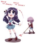  2girls asakura_ryouko blood blue_eyes book chibi glasses grey_hair half_updo knife long_hair multiple_girls nagato_yuki purple_hair school_uniform serafuku short_hair suzumiya_haruhi_no_yuuutsu tokyo_(great_akuta) 