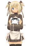  1girl bangs black_legwear black_skirt blonde_hair blue_eyes blush_stickers crossed_arms hair_ribbon kufei mahou_sensei_negima! one_eye_closed ribbon simple_background skirt solo standing thigh-highs white_background wink zettai_ryouiki 