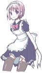  1girl blue_dress blush brown_hair cowboy_shot dress kimarin legwear looking_at_viewer maid maid_headdress original puffy_short_sleeves puffy_sleeves red_eyes short_sleeves simple_background smile solo standing thigh-highs white_background 