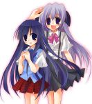  2girls :d black_skirt blue_eyes blue_hair blush bow furude_rika hanyuu higurashi_no_naku_koro_ni long_hair looking_at_viewer multiple_girls open_mouth pink_bow plaid plaid_skirt red_skirt salute school_uniform serafuku shirt silver_hair skirt smile standing suspender_skirt suspenders suzushiro_kurumi very_long_hair white_shirt 