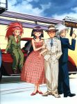  1boy 3girls 90s black_hair blue_hair brown_eyes car dress formal green_eyes ground_vehicle gun hair_slicked_back hairband hakubi_washuu handgun hands_in_pockets hat highres looking_at_viewer masaki_aeka_jurai masaki_tenchi mother_and_daughter motor_vehicle multiple_girls necktie pinstripe_pattern pistol plaid plaid_dress purple_hair red_eyes red_shoes redhead ryouko_(tenchi_muyou!) scan shoes spiky_hair striped suit tenchi_muyou! trigger_discipline vehicle vertical_stripes weapon white_suit yellow_eyes 