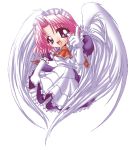  1girl angel angel_wings elbow_gloves gloves happy koutetsu_tenshi_kurumi kurumi_(koutetsu_tenshi_kurumi) maid maid_headdress necktie open_mouth pink_hair pointing short_hair solo violet_eyes white_gloves wings 