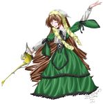  00s 1girl 2006 adrian_villeqas brown_hair closed_eyes dress frilled_dress frills full_body green_dress long_hair open_mouth outstretched_arm rozen_maiden solo straightchromia suiseiseki very_long_hair watering_can white_background 