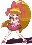  1girl akazutsumi_momoko black_gloves bow brown_hair earrings fingerless_gloves gloves hyper_blossom jewelry long_hair looking_at_viewer open_mouth ponytail powerpuff_girls powerpuff_girls_z red_bow red_eyes red_shoes red_skirt shoes skirt solo standing very_long_hair 