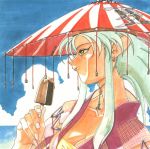  1girl 90s beach blue_hair breasts cleavage clouds earrings food hat ice_cream jewelry ocean popsicle ryouko_(tenchi_muyou!) solo spiky_hair tenchi_muyou! tongue yellow_eyes 
