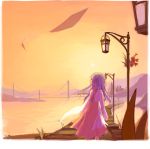  1girl asami_(artist) bridge dress lamppost leaf original peaceful purple_hair river sky solo sunset 