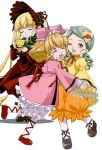  00s 3girls black_shoes blonde_hair bonnet bow closed_eyes cup curly_hair dress drill_hair flower green_eyes green_hair grey_hair hair_bow hair_ornament hand_holding hat highres hina_ichigo holding holding_cup hug kanaria long_hair multiple_girls open_mouth orange_dress pink_bow pink_dress red_dress red_shoes ribbon rose rozen_maiden saucer shinku shoes short short_hair standing teacup twin_drills twintails white_background white_legwear wide_sleeves wink 