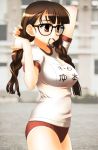  1girl adjusting_hair azumi_amane braid breasts brown_hair glasses gym_uniform hair_over_shoulder long_hair medium_breasts original red_eyes solo soshina_nohito twin_braids twintails yakamoto_(yonasawa) 