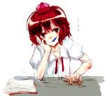  1girl bored brown_hair chin_rest female hat looking_away mouth_hold nokishita pencil red_eyes shameimaru_aya shirt short_hair simple_background sitting sketch solo table tokin_hat touhou untied upper_body 