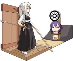  2girls archery arrow bow_(weapon) chibi duplicate fate/stay_night fate_(series) faux_figurine figure_stage hakama illyasviel_von_einzbern japanese_clothes kaze_shibuki kyuudou marksman matou_sakura multiple_girls muneate single_glove target weapon yugake 