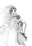  2girls bride dress facial_mark female forehead_mark masaki_sasami_jurai monochrome multiple_girls simple_background tenchi_muyou! tsunami_(tenchi_muyou!) twintails wedding_dress white_background 