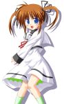  1girl ahoge blue_eyes blush brown_hair full_body green_legwear looking_at_viewer lyrical_nanoha mahou_shoujo_lyrical_nanoha mahou_shoujo_lyrical_nanoha_a&#039;s open_mouth shadow solo standing takamachi_nanoha twintails white_background 
