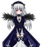  00s 1girl black_wings blush dress frills gothic_lolita grey_hair hairband lolita_fashion long_hair looking_at_viewer rozen_maiden sad simple_background solo suigintou v_arms white_background wings 