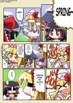  &gt;_&lt; 2girls =_= blonde_hair bow chibi closed_eyes comic female hakurei_reimu hard_translated hat herada_mitsuru irony lily_white multiple_girls sneezing spring spring_(season) touhou translated uu~ 