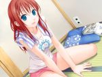  1girl amanatsu ayase_mao blue_eyes book breasts game_cg ginta happiness! pillow redhead shorts sitting smile solo towel 