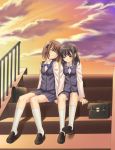  2girls multiple_girls original piyodera_mucha school_uniform serafuku sky stairs sunset yuri 