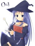  1girl ayase_yue blue_eyes blue_hair book choker detached_sleeves hat long_hair mahou_sensei_negima! solo thigh-highs wand witch witch_hat 