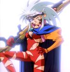  1girl 90s blue_hair gun ryouko_(tenchi_muyou!) solo spiky_hair tenchi_muyou! weapon yellow_eyes 