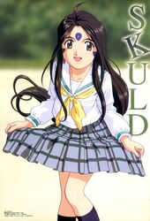  1girl 90s aa_megami-sama absurdres brown_eyes brown_hair character_name earrings facial_mark forehead_mark highres jewelry long_hair school_uniform serafuku skirt skuld socks solo very_long_hair 