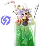  1girl ahoge animal_ears bell bell_collar brown_eyes brown_hair cat_ears cat_tail cherry collar cup diving_mask drink drinking_glass drinking_straw fangs flippers food fruit gloves goggles green_tea ice in_container in_cup jingle_bell long_hair minigirl nanana nananana_nanana one-piece_swimsuit school_swimsuit scuba smile snorkel solo spoon straw swimsuit tail tea white_hair 