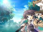  1girl amazuyu_tatsuki blue_eyes head_wings long_hair ponytail purple_hair solo touka_(utawareru_mono) utawareru_mono 