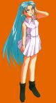  1girl 90s blue_hair boots long_hair masaki_sasami_jurai miniskirt orange_background pink_eyes skirt solo tenchi_muyou! 