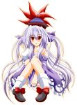  1girl blush bow female hat kamishirasawa_keine long_hair looking_at_viewer open_mouth purple_hair red_eyes simple_background sitting socks solo touhou very_long_hair white_background white_legwear 