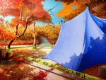  3days autumn blood caution_tape forest game_cg keep_out lass_(company) nature no_humans scenery still_life tape tent 