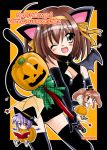  3girls asahina_mikuru brown_hair halloween happy_halloween jack-o&#039;-lantern multiple_girls nagato_yuki pumpkin short_hair suzumiya_haruhi suzumiya_haruhi_no_yuuutsu thigh-highs 