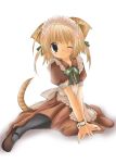  1girl animal_ears blonde_hair cat_ears green_eyes maid nanase_miori one_eye_closed original pantyhose solo tail 