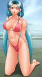  1girl beach bikini blue_hair facial_mark forehead_mark pink_eyes solo swimsuit tenchi_muyou! tsunami_(tenchi_muyou!) 
