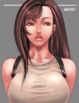  1girl artist_name asymmetrical_bangs bangs breasts brown_hair buckle collarbone earrings final_fantasy final_fantasy_vii grey_background jewelry lips long_hair looking_to_the_side orange_eyes parted_lips realistic simple_background sleeveless solo taut_clothes teeth tifa_lockhart upper_body walnov 