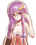  1girl alternate_costume bespectacled book crescent crescent_hair_ornament female glasses hair_ornament long_hair no_hat no_headwear nokishita patchouli_knowledge purple_hair solo touhou violet_eyes 