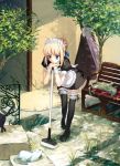  2girls ahoge aqua_eyes bench blonde_hair broom cat cuffs fate/stay_night fate_(series) frills itachi_(3dt) long_hair maid multiple_girls outdoors revision rider saber shoes thigh-highs water wrist_cuffs 