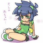  1girl artist_request blue_hair fingerless_gloves gloves green_eyes lowres matsubara_kaoru powered_buttercup powerpuff_girls powerpuff_girls_z pregnant short_hair translated 