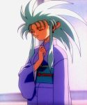  1girl 90s closed_eyes japanese_clothes kimono ryouko_(tenchi_muyou!) screencap solo spiky_hair tenchi_muyou! 