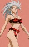  1girl 90s bikini blue_hair midriff pink_background ryouko_(tenchi_muyou!) silver_hair solo spiky_hair swimsuit tenchi_muyou! yellow_eyes 