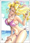  1girl bikini blonde_hair blue_eyes breasts cleavage clouds kuramitsu_mihoshi solo striped striped_bikini swimsuit tenchi_muyou! v wink 