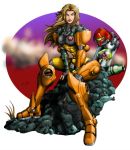  1girl armor blonde_hair blue_eyes breasts gun helmet long_hair metroid metroid_(creature) nintendo power_armor samus_aran solo varia_suit weapon 