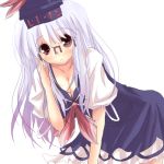  1girl bent_over bespectacled blush breasts cleavage dress female glasses hat kamishirasawa_keine long_hair lowres red_eyes rikudou_inuhiko silver_hair solo touhou 