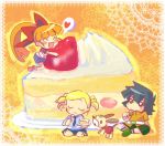  3girls ^_^ akazutsumi_momoko blonde_hair blush_stickers cake cartoon_network closed_eyes food fruit goutokuji_miyako green_eyes heart hyper_blossom lowres matsubara_kaoru minigirl multiple_girls necktie plate pleated_skirt powerpuff_girls powerpuff_girls_z sitting skirt slice_of_cake smile spoken_heart strawberry strawberry_shortcake 