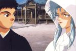  1boy 1girl 90s black_hair blue_hair brown_eyes couple hetero japanese_clothes kimono masaki_tenchi ryouko_(tenchi_muyou!) tears tenchi_muyou! uchikake wedding yellow_eyes 