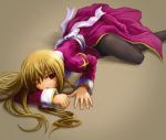  1girl blonde_hair bow brown_eyes dress high_priest long_hair lying on_stomach one_eye_closed open_mouth pantyhose purple_dress ragnarok_online solo 