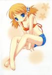  ahoge barefoot bikini blonde_hair blue_eyes highres sasamori_karin shorts swimsuit to_heart_2 tokumi_yuiko twintails 