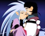  1boy 1girl black_hair blue_hair couple hetero highres hug masaki_tenchi ryouko_(tenchi_muyou!) spiky_hair tenchi_muyou! vector_trace zero_(tenchi_muyou!) 